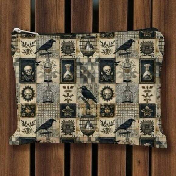 Unbranded Handbags - Goth Raven Skull Quilt Block Pattern Cosmetic Bag